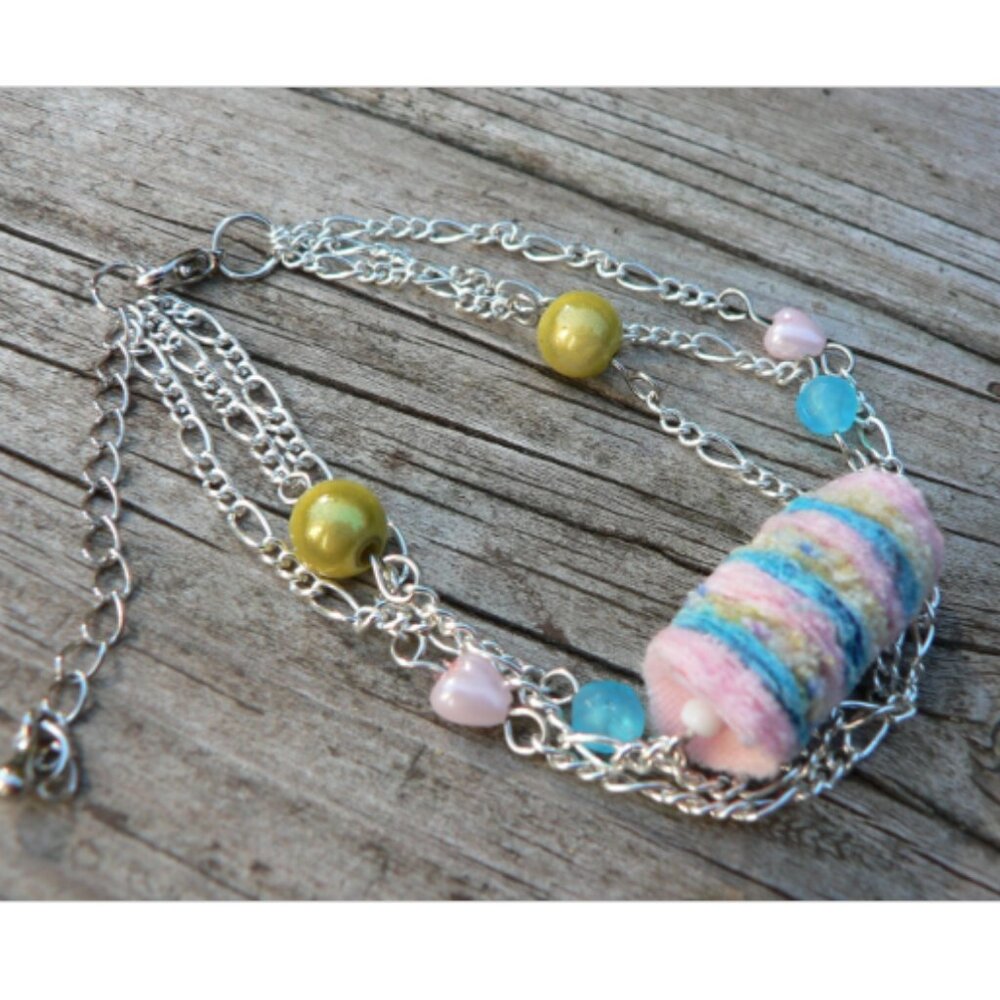 3x25$ 🦃 🍂 CREATION Recycle fabric Pompom bracelet beads 3 chains pink blue
